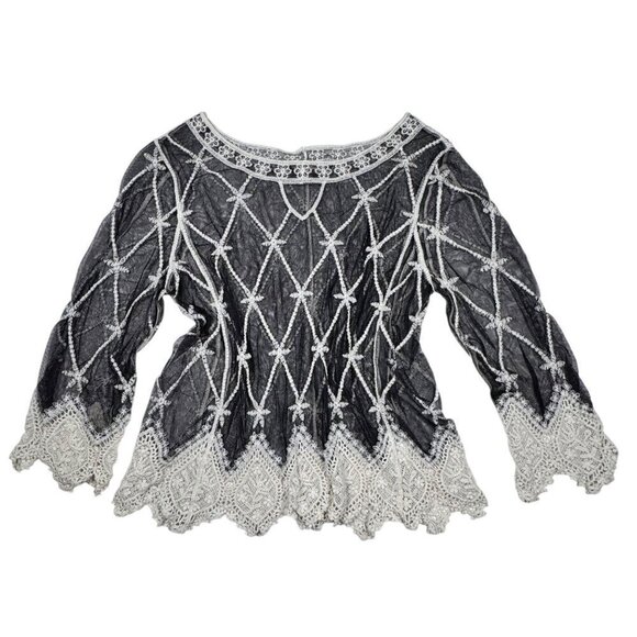 Whimsigoth Top Sz.L Black Mesh Embroidered Sheer Dark Romantic Witchy Goth - Picture 1 of 12